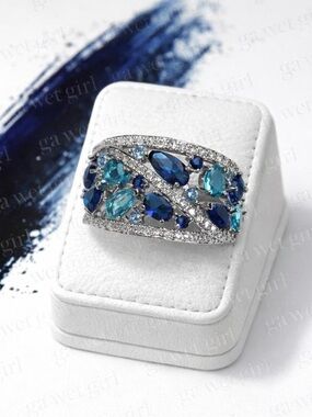Sterling Silver Blue Multi-Gemstone Statement Ring size 9
